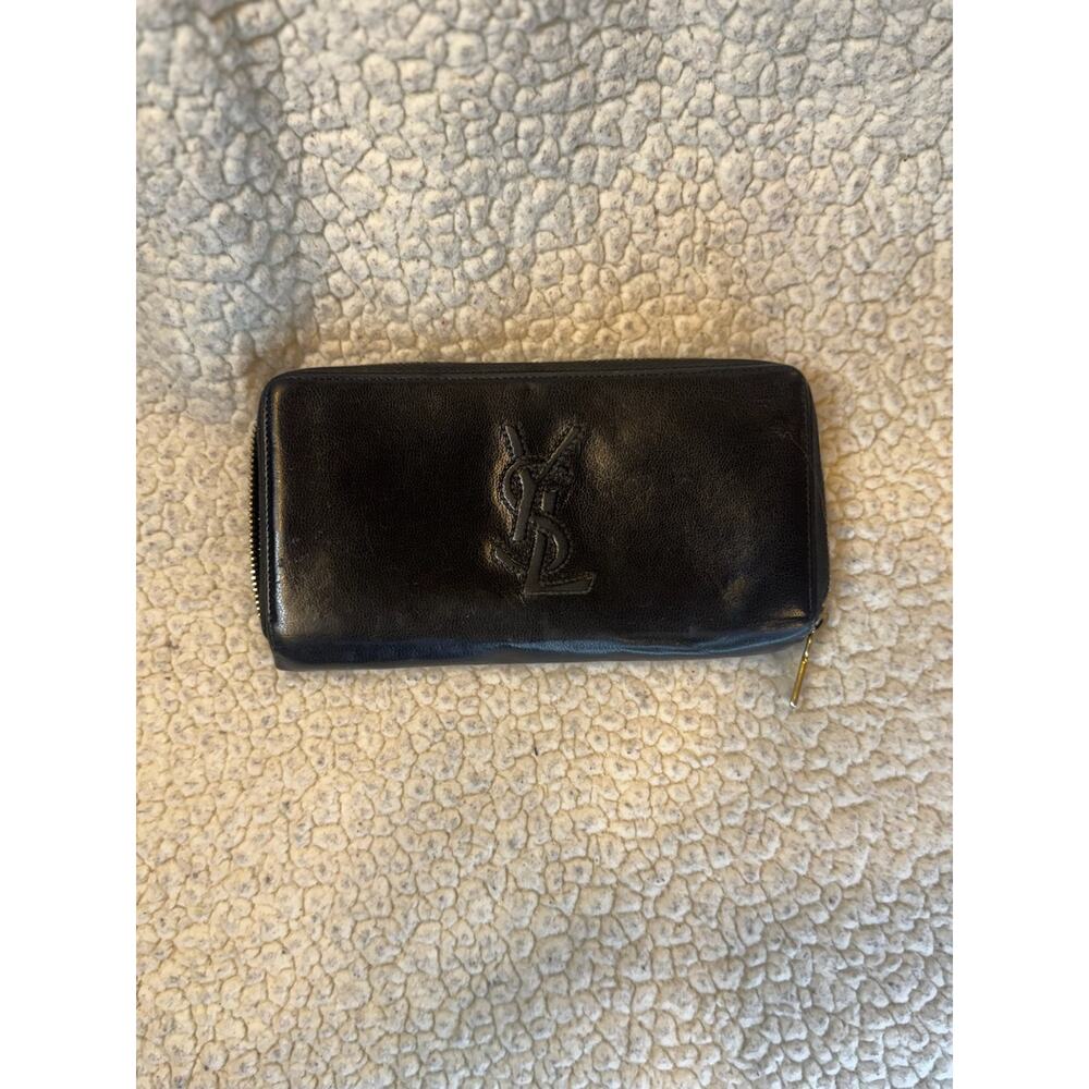 Authentic YSL Eve Saint Laurent Black Zip Around Leather Wallet